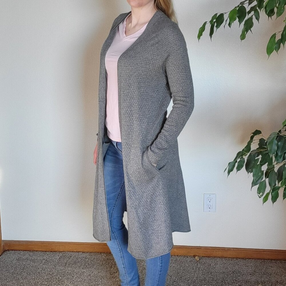 Three Dots gray long cardigan, Silk & Cashmere, open front, Medium, Like New